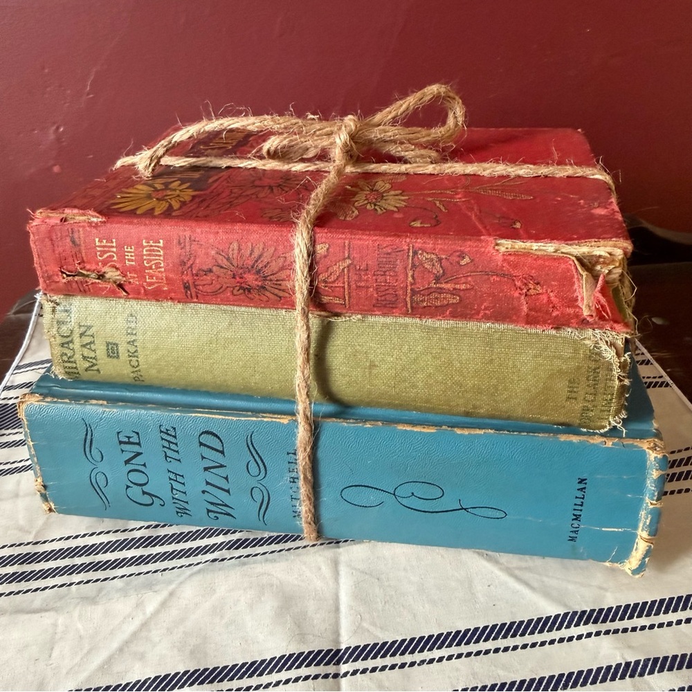 Vintage Book Set with Red, Green, and Blue Covers 1864 ed Gone with the Wind